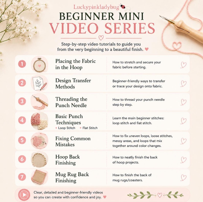 May include: A beginner mini video series guide titled Luckypinkladybug featuring seven numbered steps for punch needle projects. The list includes placing fabric, design transfer, threading, basic techniques, fixing mistakes, and finishing backings.