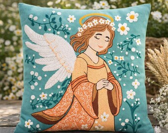 Angel Punch Needle Pillow Kit, Floral Cottagecore Cushion DIY, Beginner Embroidery Craft