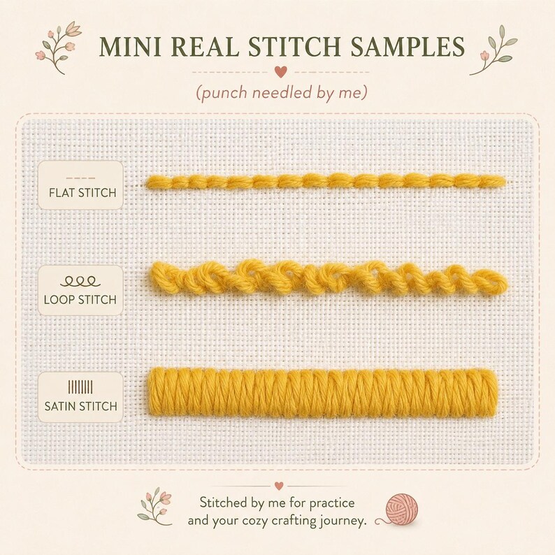 Op de afbeelding: Een punch needle borduurgids met drie gele garensteekmonsters op witte stof. De tekst luidt MINI REAL STITCH SAMPLES, punch needled by me, FLAT STITCH, LOOP STITCH, SATIN STITCH en Stitched by me for practice and your cozy crafting journey.
