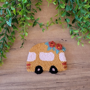 Retro Bus Mug Rug Punch Needle Kit: Beginner DIY Coaster