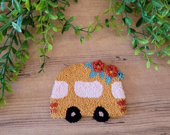 Retro Bus Mug Rug Punch Needle Kit: Beginner DIY Coaster
