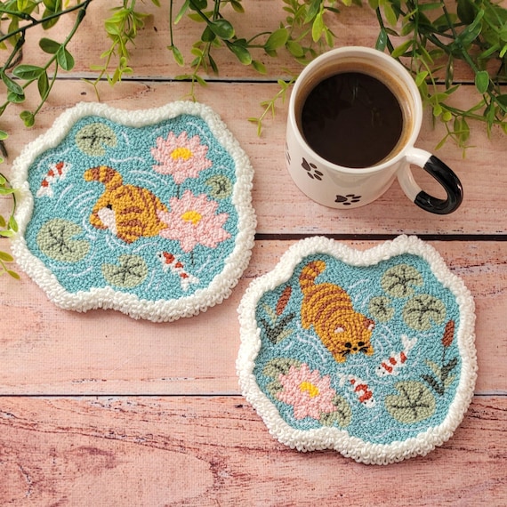 Tabby Cat Punch Needle Mug Rug Kit, Koi Pond Coaster Beginner DIY Embroidery Craft