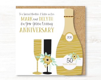 Personalised Handmade Golden 50th Wedding Anniversary Card, Sister, Brother, Auntie, Mum and Dad, Friends