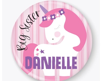 Personalised Unicorn New Big Sister Badge, Gift, Daughter, Niece, Friend, Granddaughter, Goddaughter, Sister