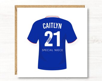 Personalised Football Birthday Card, Glasgow Rangers Colours, 13th, 14th, 15th, 18th, 21st, 30th, 40th, Son, Grandson, Nephew, Brother