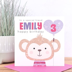 Carte d'anniversaire de singe personnalisée faite à la main 1er 2e 3e 4e 5e 6e 7e 8e 9e soeur, cousine, fille, petite-fille