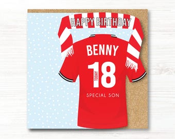 Personalised Handmade Football Birthday Card, Manchester United Colours, 18th, 21st, 30th 40th, 50th, 60th, Uncle, Son, Brother, Grandson