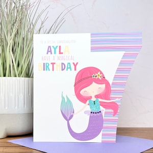 Cartão de aniversário personalizado feito à mão para meninas sereias 1ª 2ª 3ª 4ª 5ª 6ª 7ª 8ª 9ª filha sobrinha neta