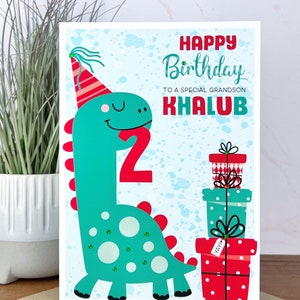 Grande biglietto d'auguri A5 personalizzato fatto a mano con dinosauro 1° 2° 3° 4° 5° 6° 7° figlio nipote, figlioccio, nipote, figlio