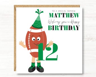 May include: A birthday card featuring a cartoon football character wearing a party hat and the number 12. The card reads "To a special nephew Matthew Wishing you a Happy Birthday."