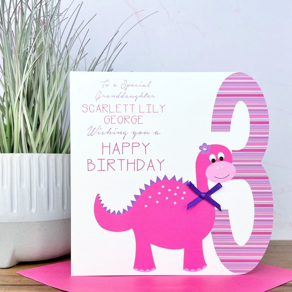 Personalised Handmade Dinosaur Girls Birthday Card 1st,2nd,3rd,4th,5th Daughter, Niece, Granddaughter