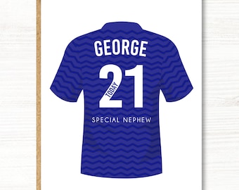 A5 Personalised Football Birthday Card, Everton Colours, 18th, 21st, 30th, 40th, 50th, 60th, Son, Grandson, Nephew, Uncle