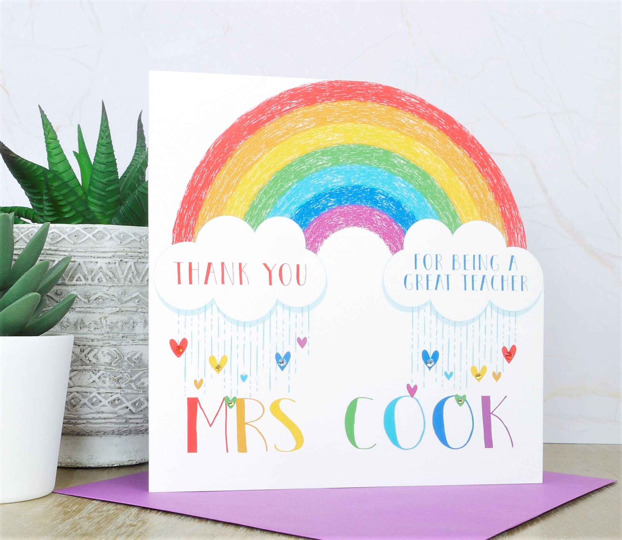 Personalised Handmade Rainbow Thank You Teacher Card