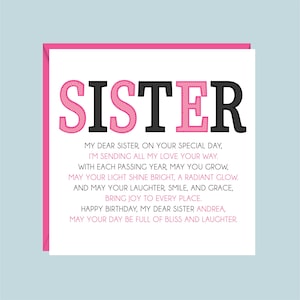 Carte d'anniversaire personnalisée SISTER, poème