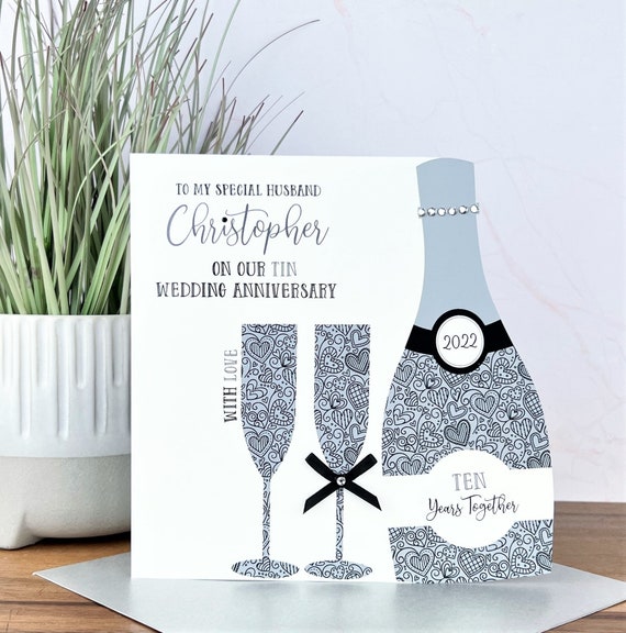 Personalised Handmade Tin Anniversary Card – 10th Year, Gold, Husband Wife, UK Made