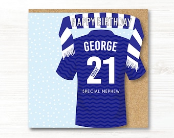 Personalised Handmade Football Birthday Card, Everton colours, 18th, 21st, 30th, 40th, 50th, 60th, 70th, Uncle, Dad, Son, Brother, Grandson