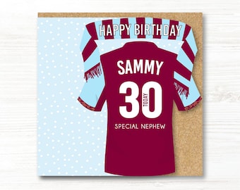Personalised Handmade Football Birthday Card, Aston Villa colours, 18th, 21st, 30th, 40th, 50th, 60th, Uncle, Dad, Son, Brother, Grandson