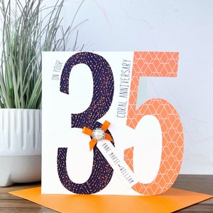 Encantadora tarjeta personalizada de coral hecha a mano del 35 aniversario de bodas
