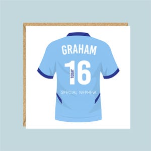 Tarjeta de cumpleaños de fútbol personalizada, colores del Manchester City, 8.º, 9.º, 10.º, 11.º, 12.º, 13.º, 14.º, 15.º, hijo, nieto, sobrino, amigo