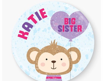 Personalised Monkey New Big Sister Badge, Gift, Daughter, Granddaughter, Niece, Friend, Sister, Goddaughter