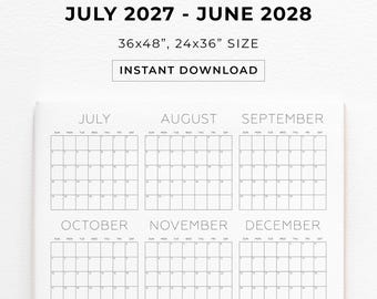 2027 - 2028 Academic Calendar, Big Wall Calendar, Year At Glance Calendar, Large Wall Calendar, Printable Calendar, instant download PDF