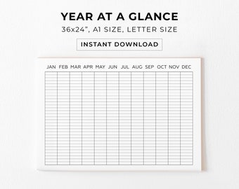 Year At a Glance Yearly Calendar Planner Annual Planner Printable Calendar For Family Minimalist Monthly Yearly Overview Instant Download