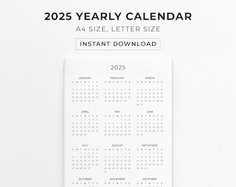 2025 Yearly Calendar Printable Landscape Minimalist Planner Yearly Wall Calendar Desk Calendar Planner insert Digital Download Printable PDF