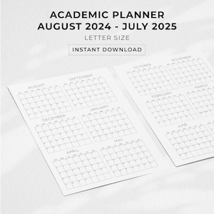 Año académico de un vistazo Planificador inserta Planificador anual Calendario anual mensual minimalista 2024 2025 Carta de calendario del año escolar imprimible