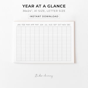 Year At a Glance Yearly Calendar Planner Annual Planner Printable Calendar For Family Minimalist Monthly Yearly Overview Instant Download