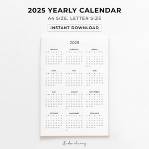 May include: A black and white printable 2025 yearly calendar with a simple design. The calendar is divided into 12 months, with each month displayed in a separate box. The calendar includes the days of the week, numbered dates, and the month name.