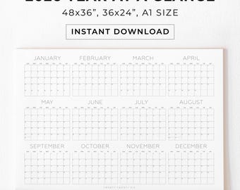 2026 Year At Glance Calendar, Printable Calendar, Yearly Planner, Big Wall Calendar, Minimalist Calendar, Large Wall Calendar, Digital PDF