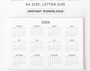 2026 Yearly Calendar Printable, Minimalist Calendar, Yearly Wall Calendar, Desk Calendar, Sunday Monday, A4 Letter, PDF instant download
