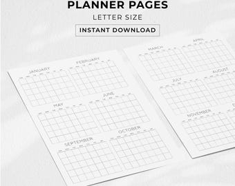 Planner accademico, inserti per planner Year At A Glance, planner annuale, planner domestico, panoramica mensile annuale, download PDF in formato lettera