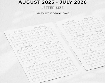 2025 - 2026 Academic Calendar, Year At A Glance Planner inserts, Printable PDF Instant Download, Annual Planner, Mid Year Planner, Letter