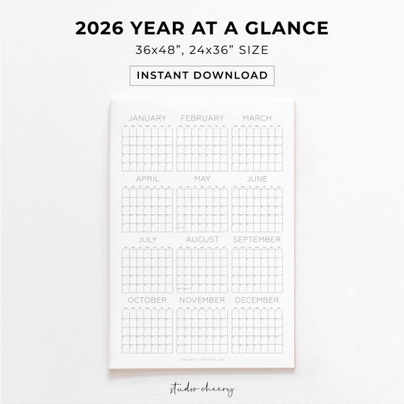 2026 Calendar, Big Wall Calendar, Year At Glance Calendar, Academic Calendar, Large Wall Calendar, Printable Calendar, instant download PDF