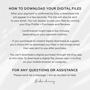 May include: A white informational graphic with black text titled HOW TO DOWNLOAD YOUR DIGITAL FILES. It provides instructions on accessing digital purchases via email or Etsy profile, notes on guest checkout, app limitations, and contact information.