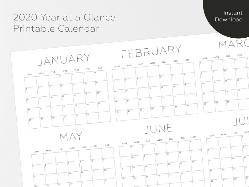 Year At A Glance Calendar 2020 Printable Calendar 2020 Large Etsy