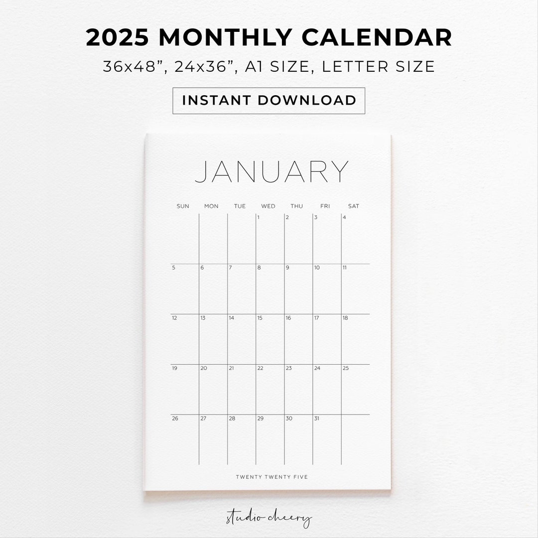 2025 Calendar, Printable Calendar, Big Wall Calendar, Monthly Calendar