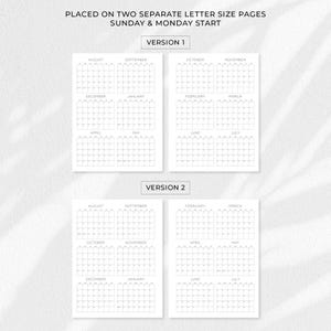 May include: Two letter size pages featuring a calendar layout with Sunday and Monday start options. Version 1 displays August through July, while Version 2 shows a different month sequence. Each page contains six monthly grids with clear headers.