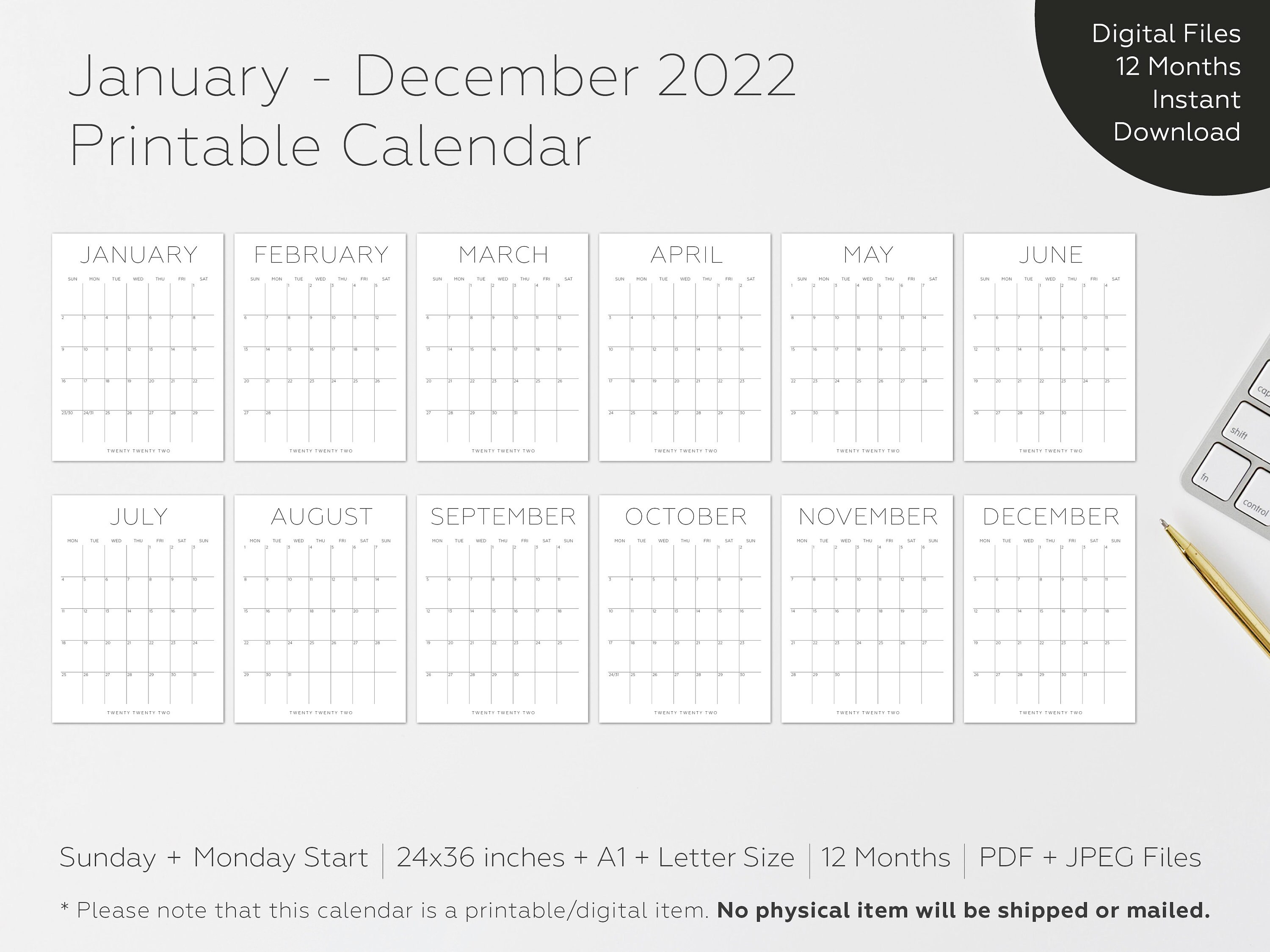 2022 Calendar Monthly Calendar Printable Big Wall Calendar Etsy Canada