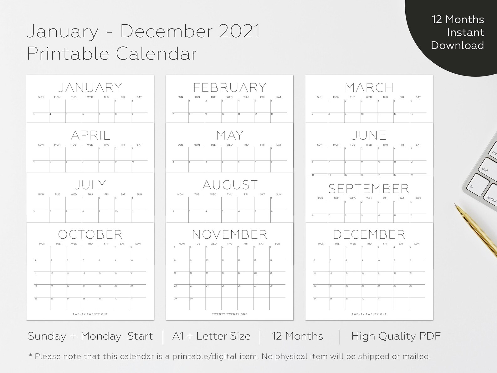 2021 Printable Calendar 2021 Big Wall Calendar 2021 Large Etsy