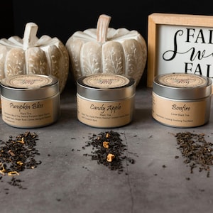 Fall Tea Sampler, Autumn Tea Sampler, Pumpkin Spice, Candy Apple, Bonfire Black Tea, Loose Tea Tin, Fall Tea Blends, Coffee Tea Mix, Tea Set