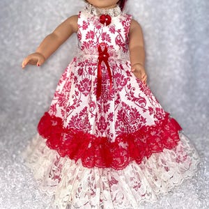 Handmade 18 Inch Doll Dress: Red Damask Lace Gown