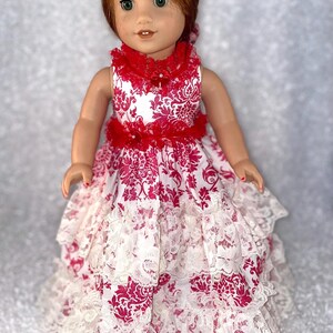 Handmade 18 Inch Doll Dress: Red & White Lace Gown