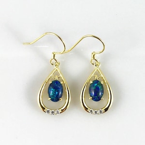 Genuine Australian Opal Drop Dangle Hook Earrings 7x5mm 18ct Gold Plated 925 Sterling Silver, Certificate, Jewelry Box, Jewellery