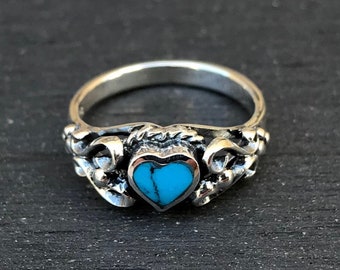 Genuine 925 Sterling Silver Turquoise Heart Ring, Vintage, Turquoise Ring - Boho - Girls, Womens Jewelry, Silver Love Heart Ring, Jewellery