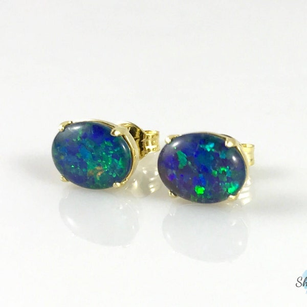 Genuine Australian Large Opal Gold Stud Earrings 9x7mm 18ct Gold Plated 925 Sterling Silver with Jewelry Box and Certificate