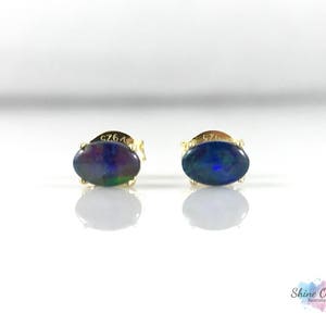 Echten australischen Gold Opal Ohrstecker Ohrringe kleine 6x4mm Oval 18 Karat Gold vergoldet über 925 Sterling Silber, Zertifikat, Schmuck, Schmuck