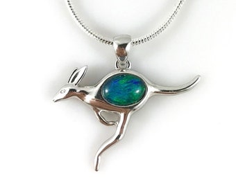 Australian Kangaroo Opal Necklace Pendant Genuine Opal Jewelry, 7x5mm, 18ct White Gold Plated Sterling Silver, Chain and Cert inc, Jewellery