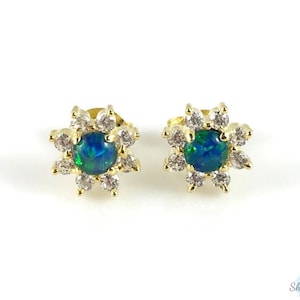 Genuine Australian Small Gold Opal Stud Earrings 4x4mm with Cubic Zircons, 18k Gold Plated 925 Sterling Silver Gift, Her, Jewelry, Jewellery